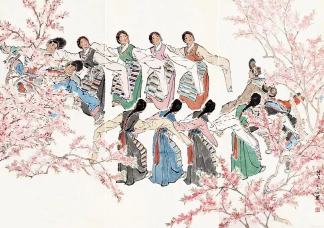 葉淺予高原之春紙本設(shè)色211cm×98cm、211cm×105cm、211cm×98cm1964年